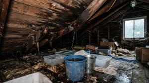 leaky roof with buckets