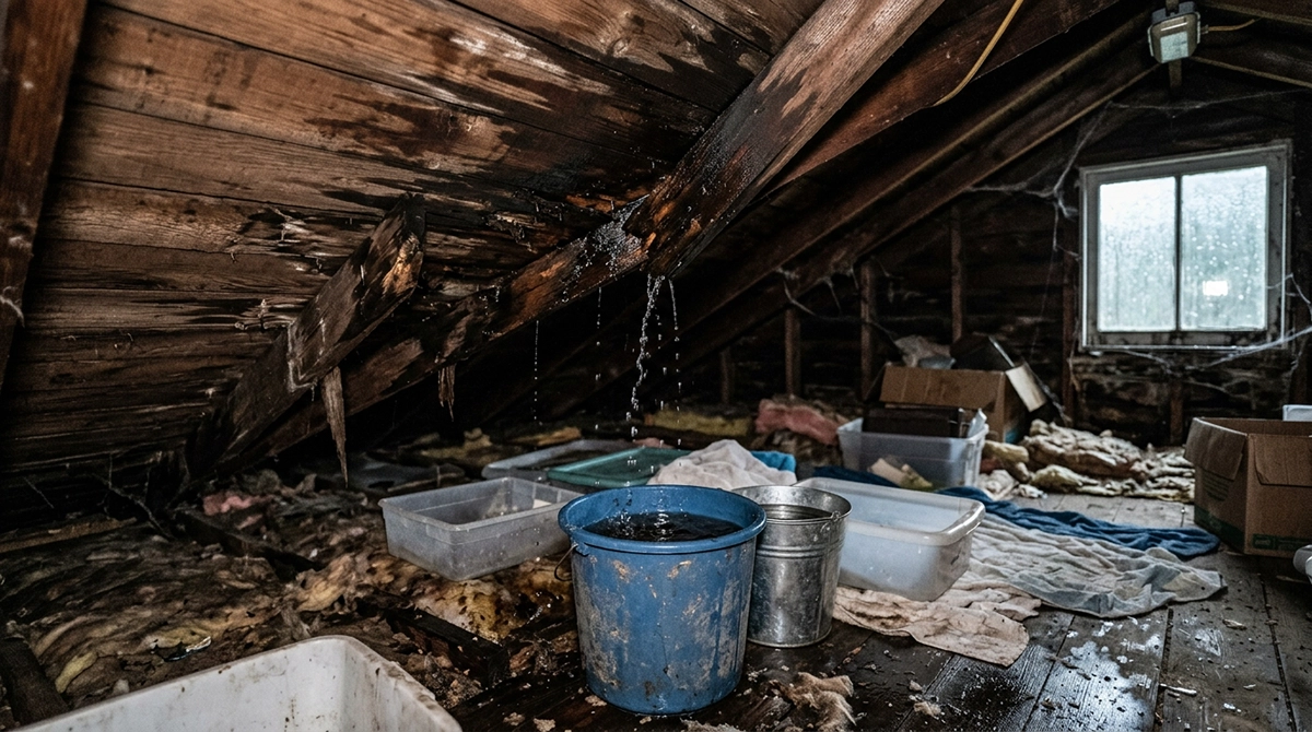 leaky roof with buckets