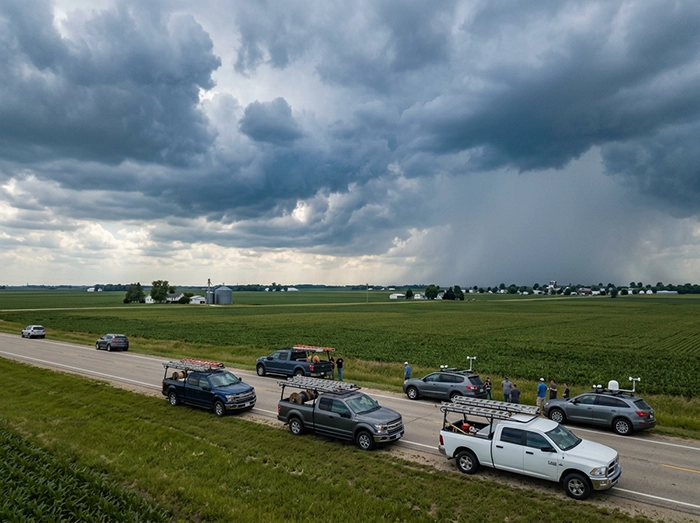 storm chasers and roofers during storm